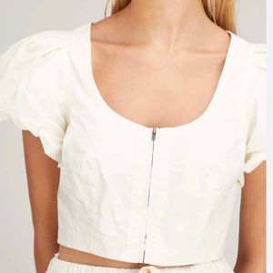 Ulla Johnson Kalena Cotton Crop Zip Front Puff Sleeve Top